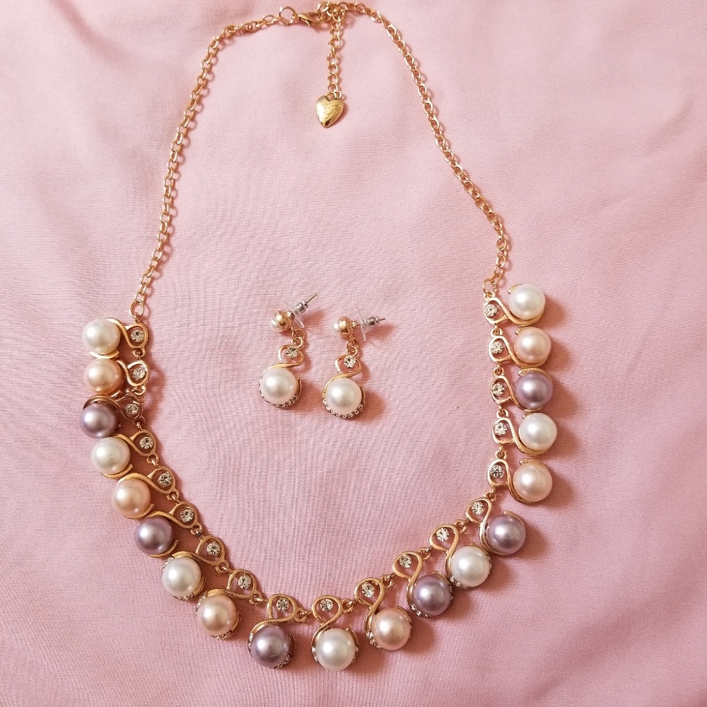 Pink white Purple pearl Necklace and Earrings